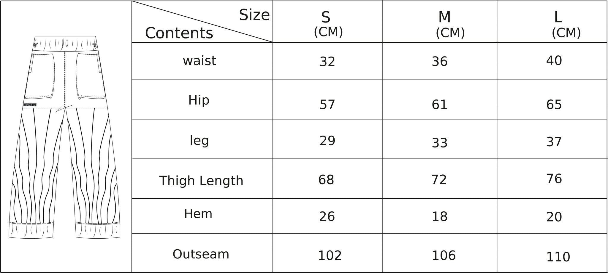 Skrukki pants size chart
