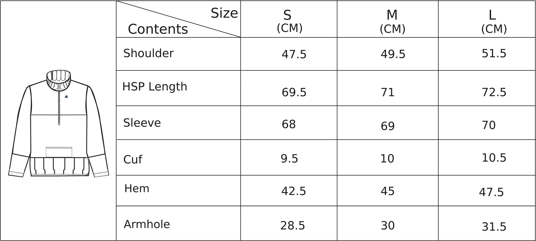 Track Jacket size chart