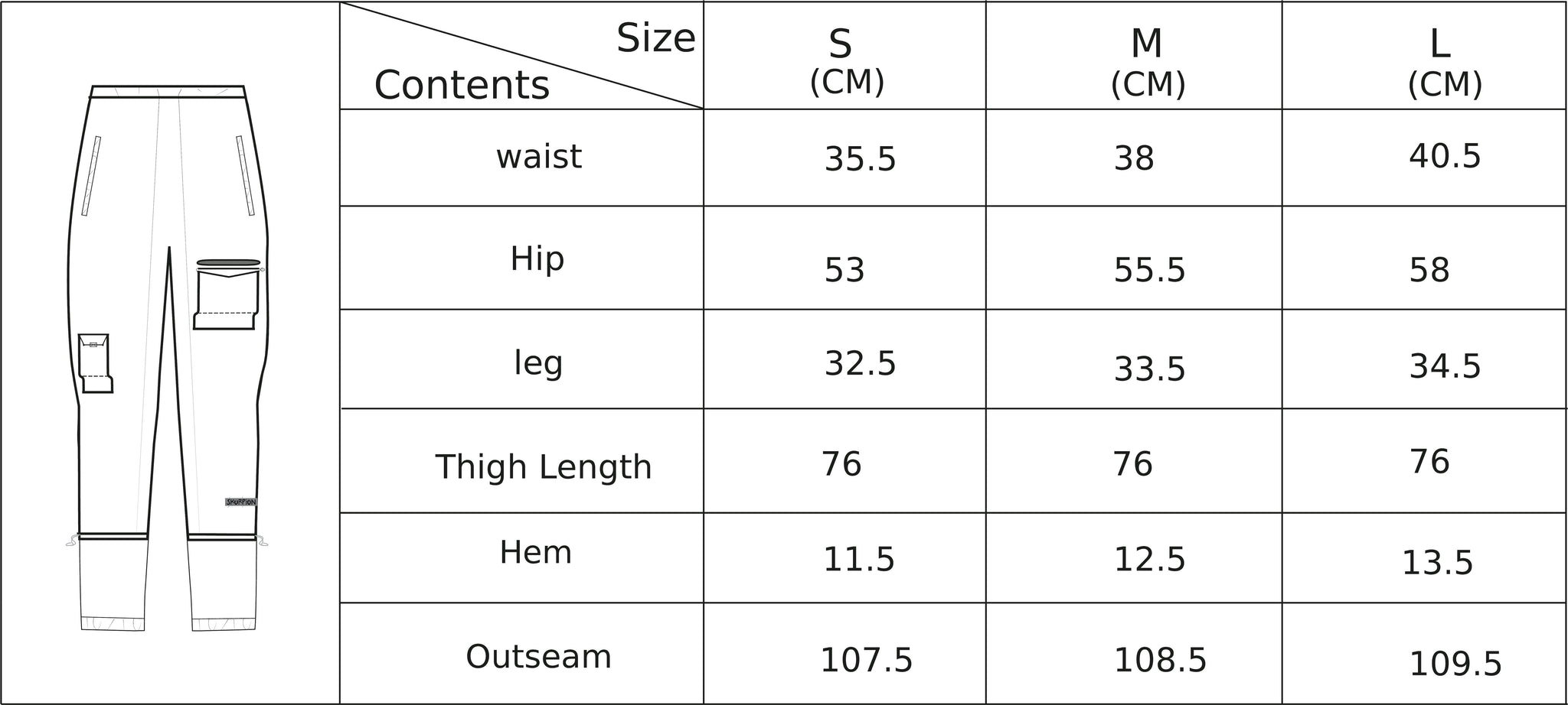 Track Sweatpants size chart