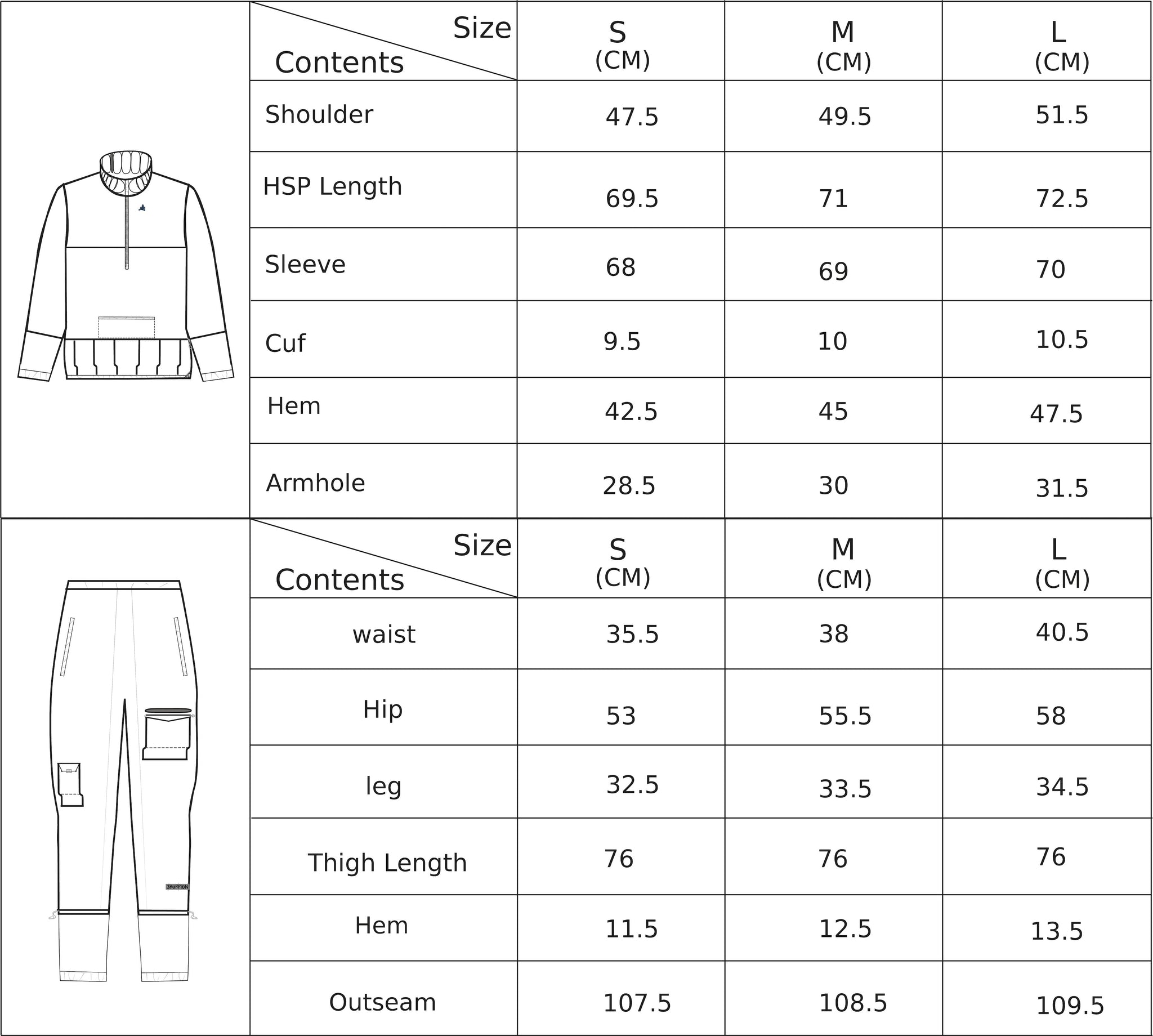 Tracksuit size chart